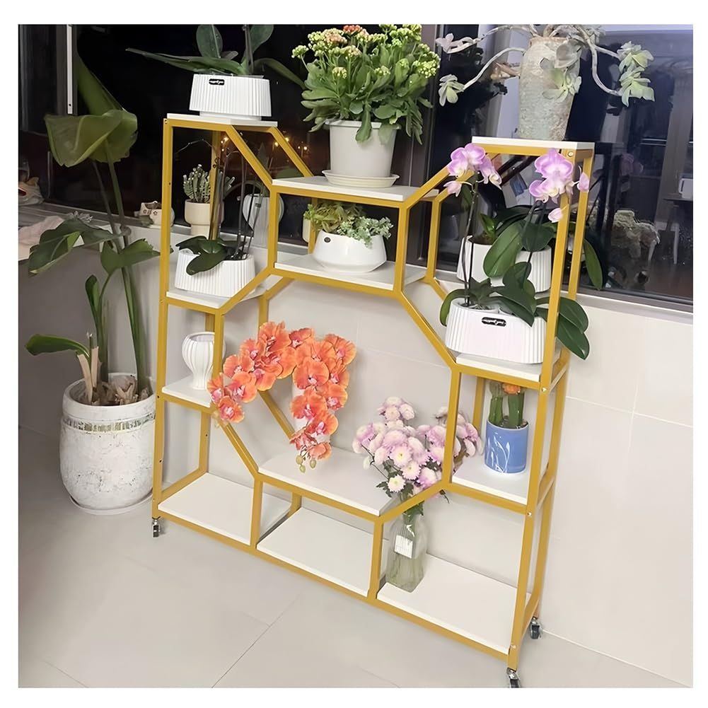 Soporte alto de metal para plantas con ruedas, estante rodante de 4 niveles, estante de exhibición de plantas para interiores y exteriores para balcón y sala de estar