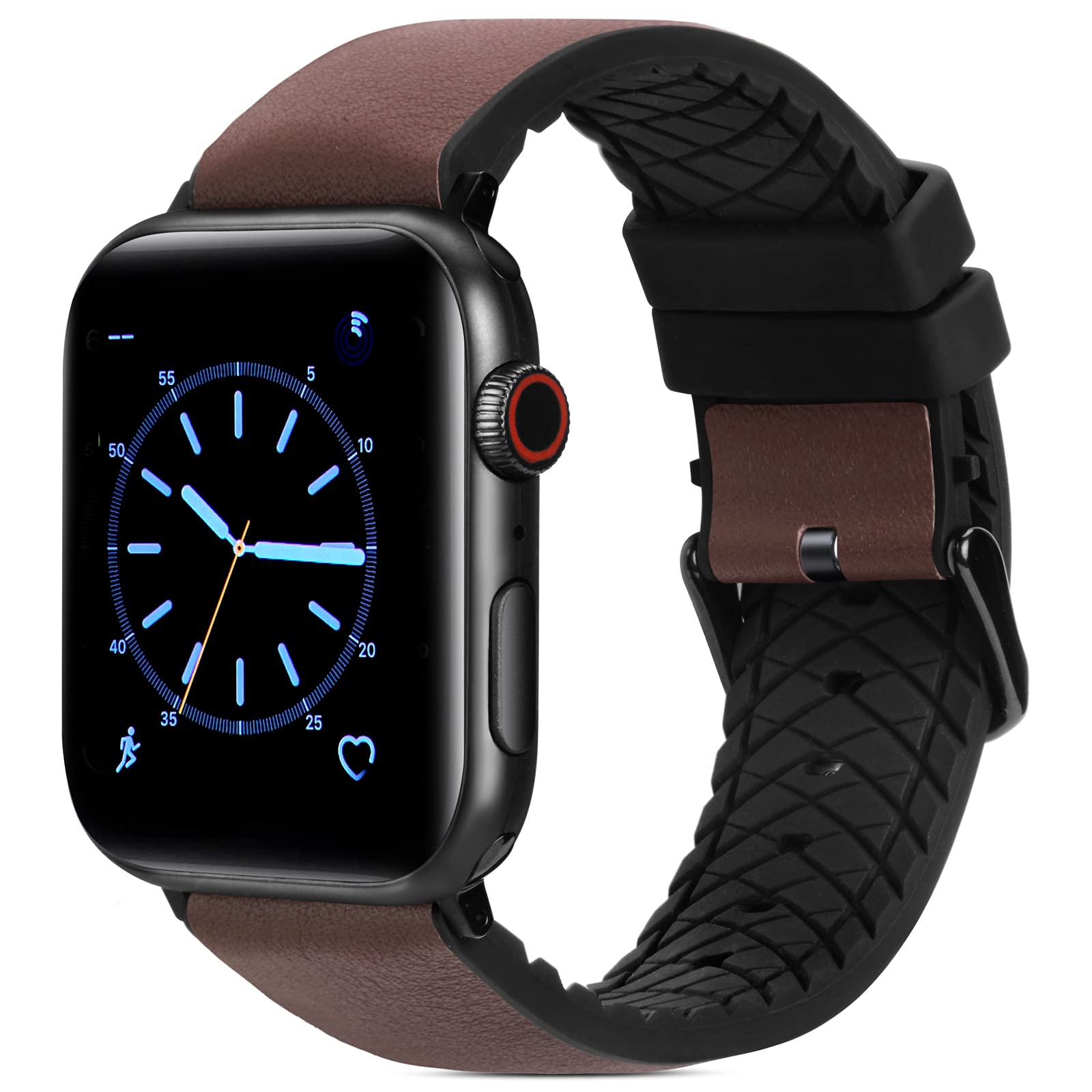 FITWORTH High End Hybrid Band Compatible with Apple Watch Band 42mm 44mm, Silicone + Genuine Leather, Simple, Neat & Sweat Resistant, Suit for Men's Business Casual & Light Sports (Chocolate, 42/44)