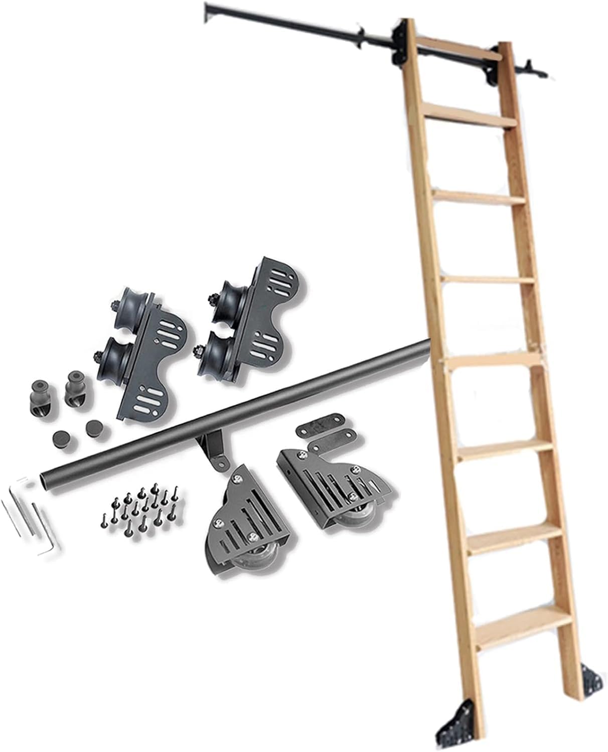 Retractable Rolling Ladder Hardware Library Sliding Ladder Round Rail Hardware Kit,Steel Round Tube Mobile Ladder Track for Home/Indoor/Loft,OneColor-200cm Track Kit