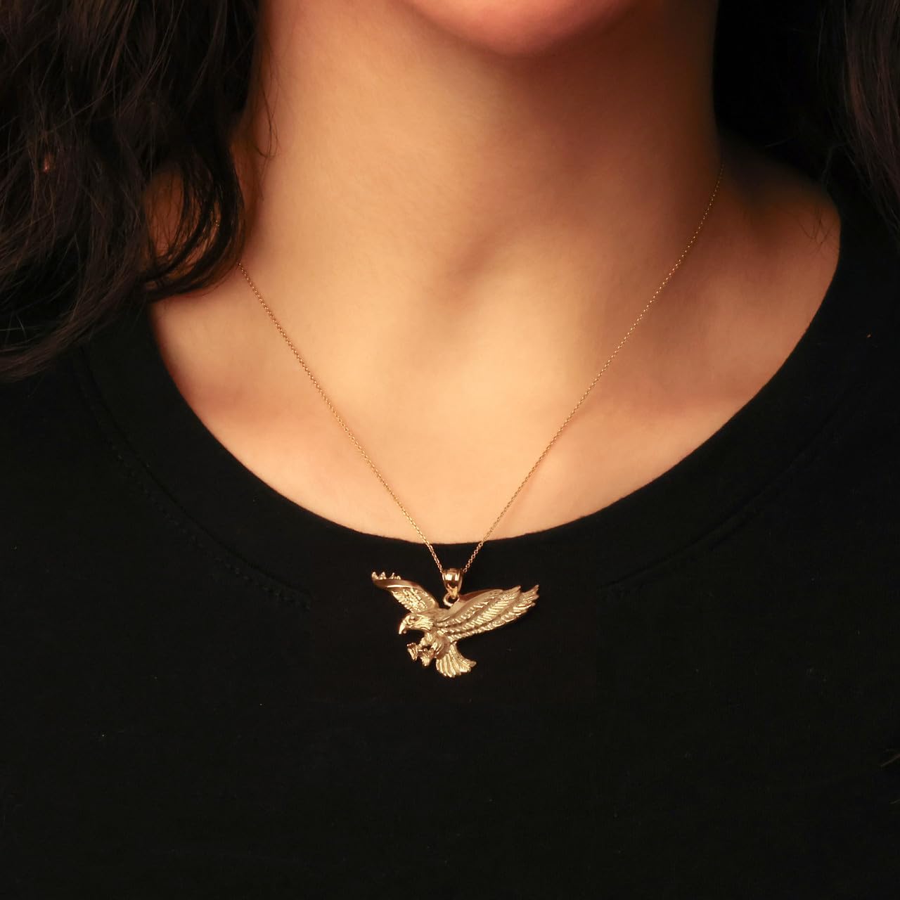 Gold 1" American Patriotic Eagle Stooping or Landing Necklace | 10K or 14K Yellow, Rose, or White Gold | Choice of Pendant Only or Chain Length