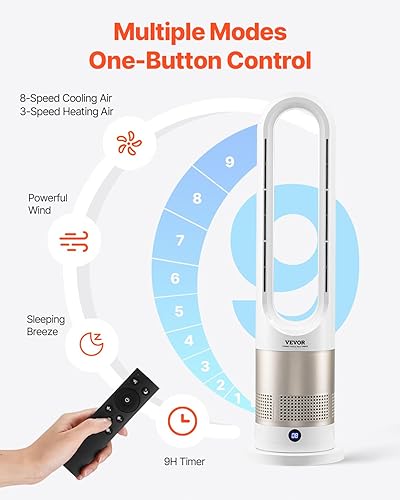 Miniatura 4 de VEVOR Ventilador de torre sin aspas, ventilador silencioso de velocidad de 16 piess que sopla aire frío y calefacción, ventiladores oscilantes de 80