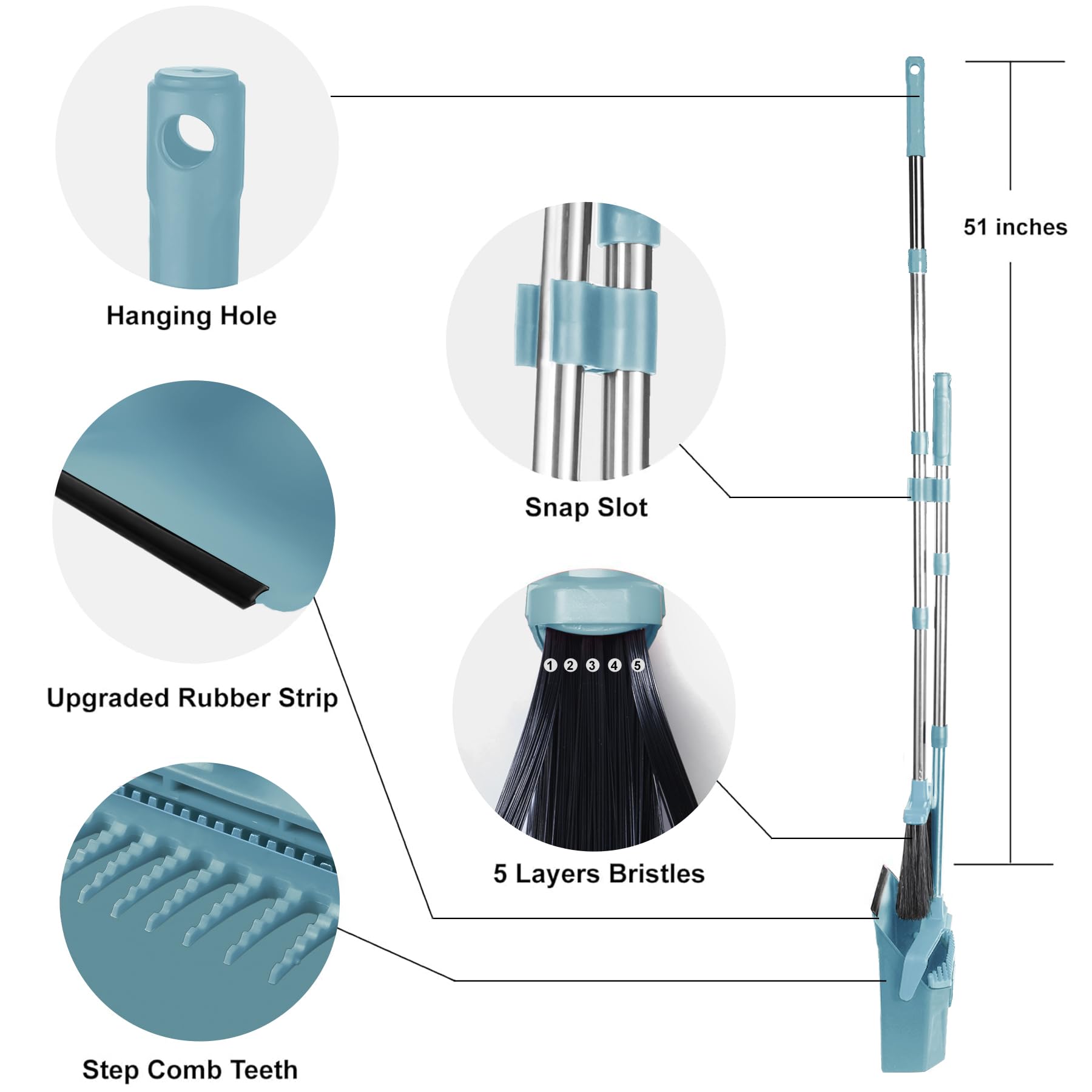 Tiumso Juego de escoba y recogedor mejorado, juego combinado de escoba con recogedor, escoba grande y recogedor con asa, sartenes de polvo autolimpiables, juego de escoba resistente y recogedor para