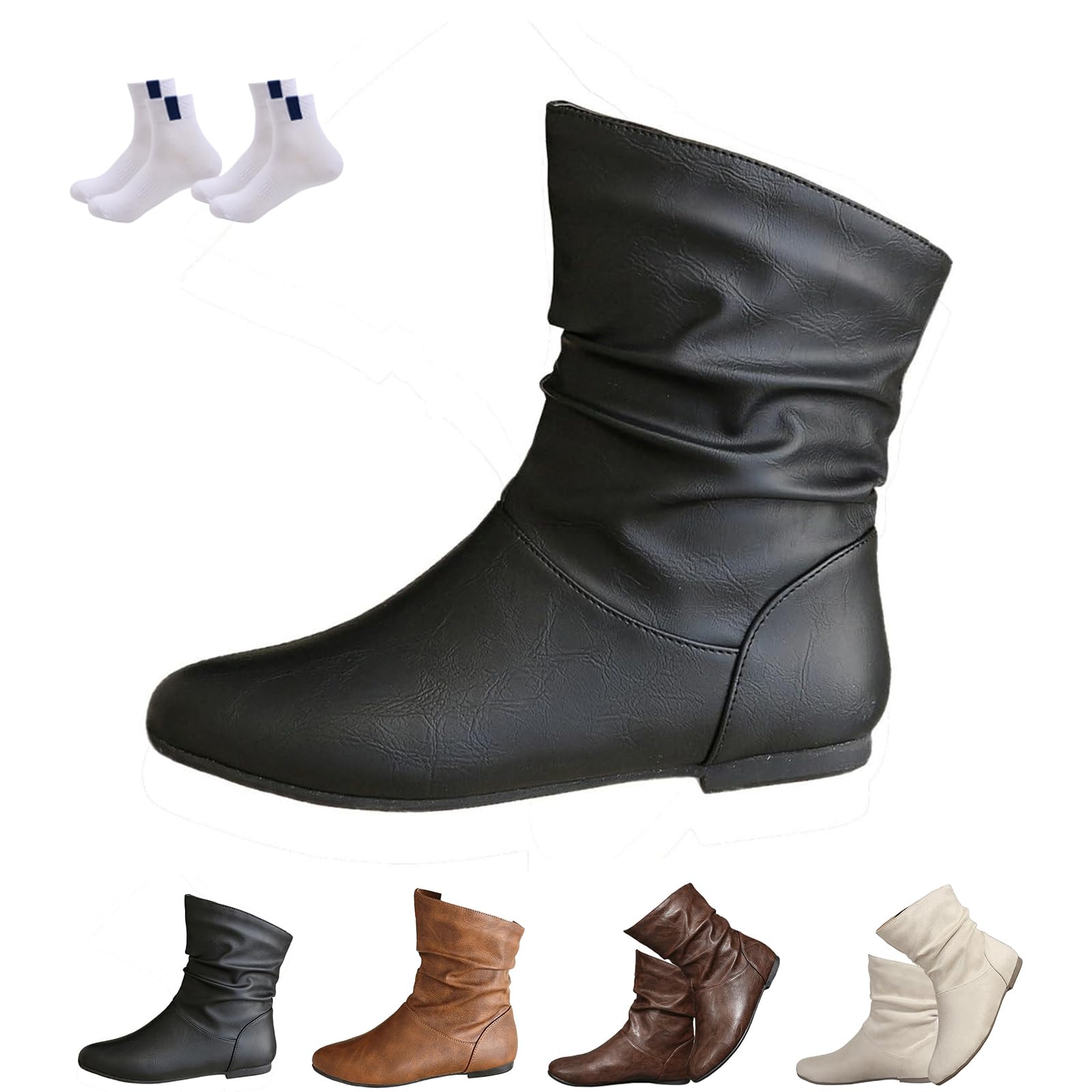 Womens Slouchy Leather Ankle Boots Low Heel Slouchy Booties with Comfortable Fit Fall Winter Slouchy Walking Shoes