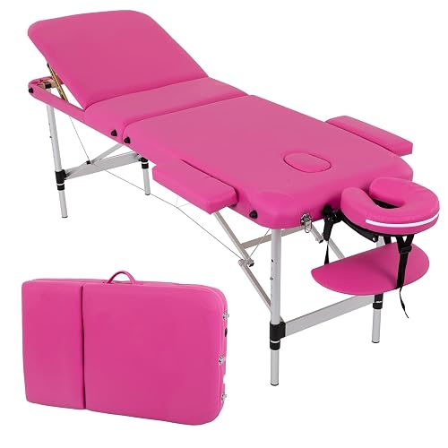 BestMassage | Portable Massage Bed | 24" Wide, Pink | Aluminium Frame | Lightweight, 3-Fold Massage Table with Height Adjustment, 450lbs Capacity, Carry Bag | For Massage, Facial, Tattoo, Home, Spa - 3 Folding 24 inch wide - Pink