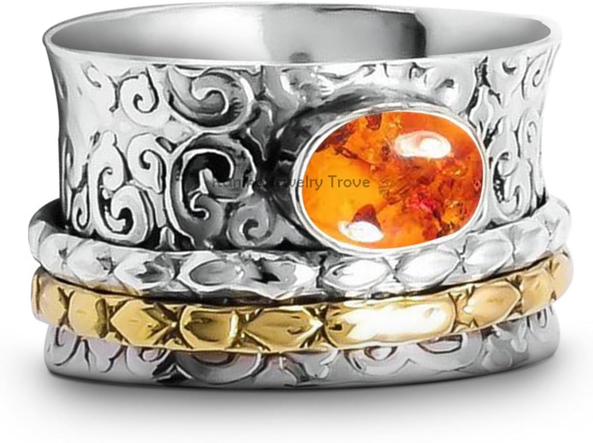 Kanika Jewelry Trove Flower Texture Spinner Oval Gemstone Ring, 925 Sterling Silver Spinner Rings, Textured Wide Band Ring, Statement Ring Mothers Day Gift, Christmas, Valentine Day Gift