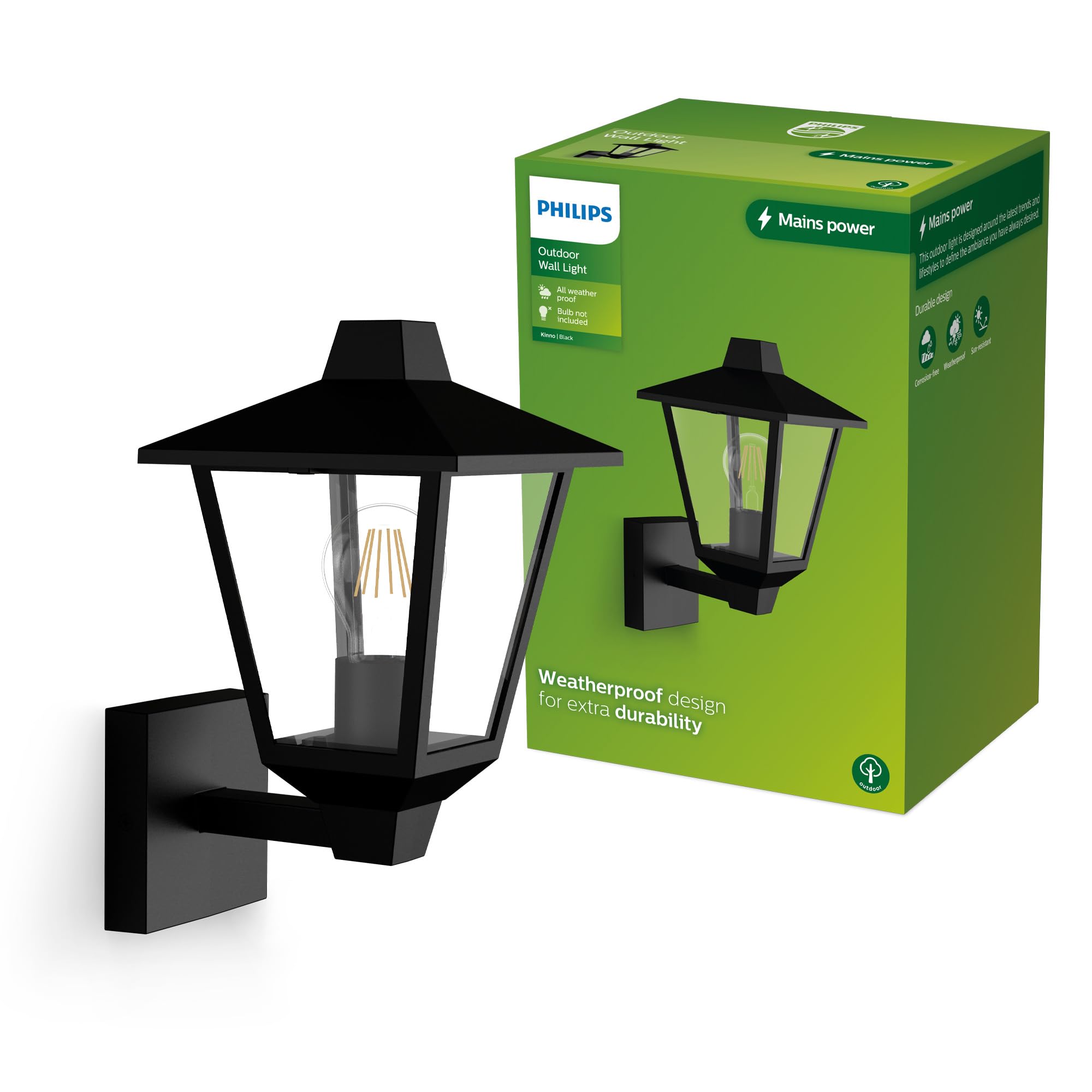 Philips Kinno, Lampada Da Parete Per Esterni, Max 25W, Attacco E27, Nera-image