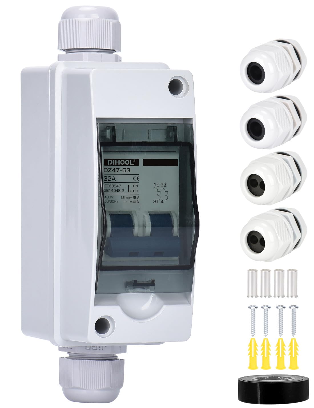 DIHOOL AC Miniature Circuit Breaker,240V 32a MCB Type C Double Pole With IP65 Waterproof box
