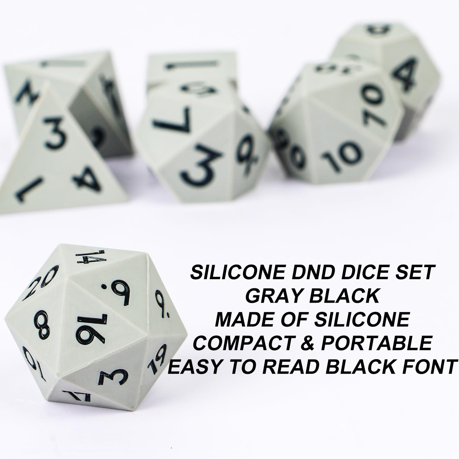DND - Set di 7 dadi in silicone per DND, con display trasparente, con numeri neri sfaccettati, per giochi di ruolo come Dungeons and Dragons, per giochi di ruolo e giochi da tavolo (grigio nero)