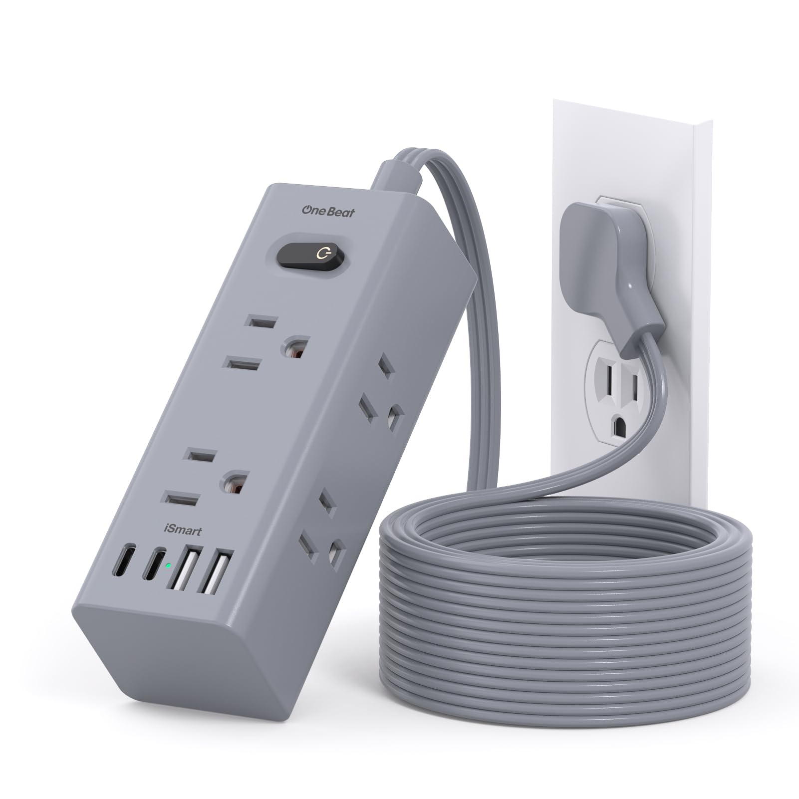 10Ft Extension Cord with Multiple Outlets,Flat Plug Power Strip Surge Protector with 10 Ft Long Cord,6 Outlet 4 USB Ports (2USB C),Multi Outlet Wall Plug for Travel,College,Dorm Essentials-Grey 10FT Grey