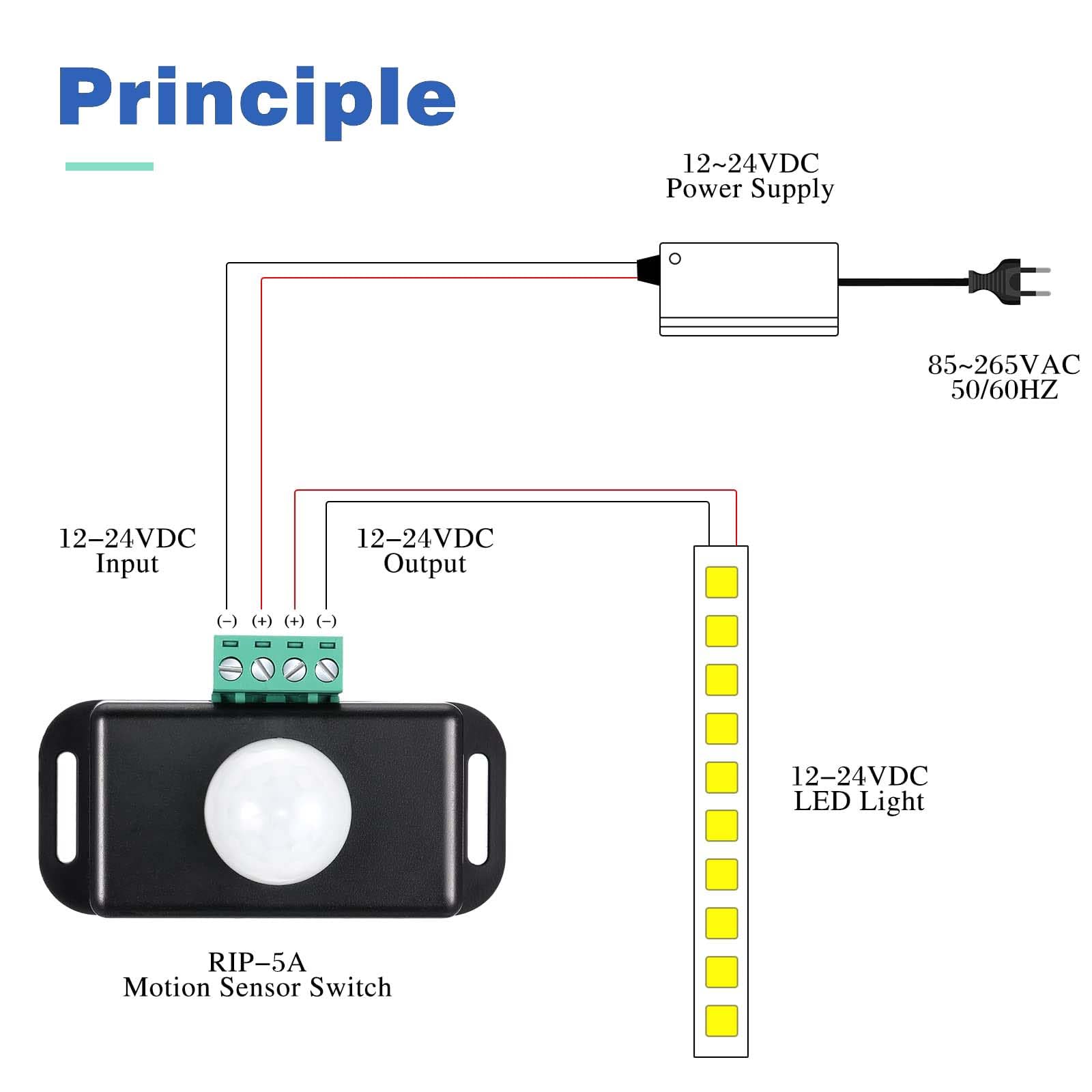 Lot de 6 détecteurs de mouvement PIR - 12 V/24 V - Détecteur infrarouge LED réglable avec sondes intégrées pour bandes lumineuses flexibles - Noir