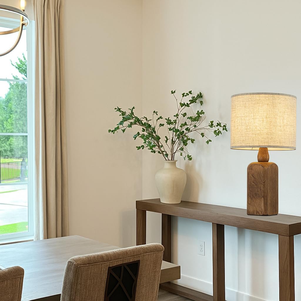 18in Farmhouse Traditional Natural Brown Solid Wood Base Table Lamp with Beige Fabric Shade for Bedroom Living Room