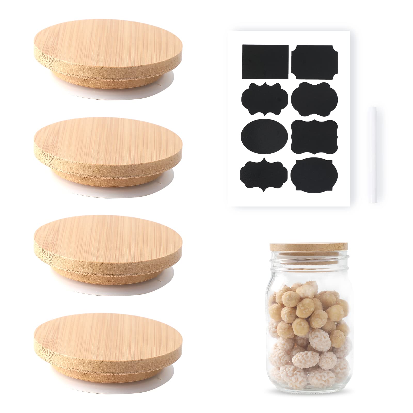 BiokiaOui Yogurt Jar Lids Oui Yogurt Bamboo Jar Lids Set, Wooden Lids for Oui Yogurt Jars, Oui Yogurt Jars Lids with Silicone Sealing Rings, Cookie Glass Storage Lids, 4 Pack (classic flowerless)