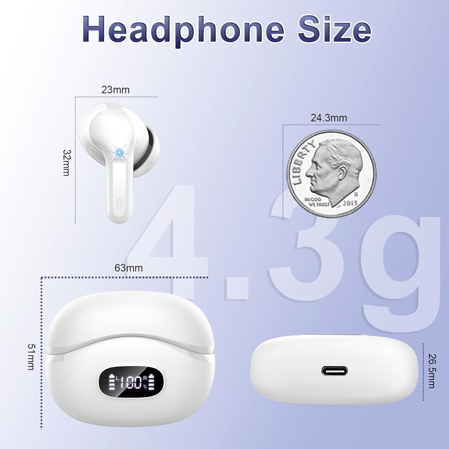 Ordtop Auriculares Bluetooth, auriculares inalámbricos Bluetooth 5.3, auriculares inalámbricos 2025 con 4 micrófonos ENC, auriculares con cancelación de ruido, 48 horas de graves profundos, USB-C, IP7 7