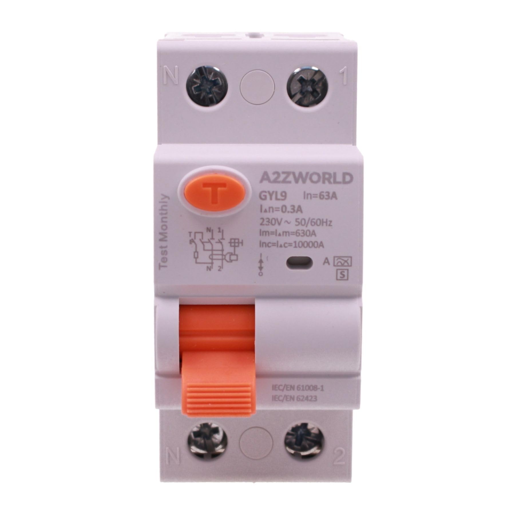 Interruptor diferencial selectivo tipo AS 300 mA/0,3 A 63 A, salvavidas tipo S Clase A 1P + N 10 kA, retraso hasta 500 ms, 2 módulos DIN 220 V AC, serie GYL9 electromecánica