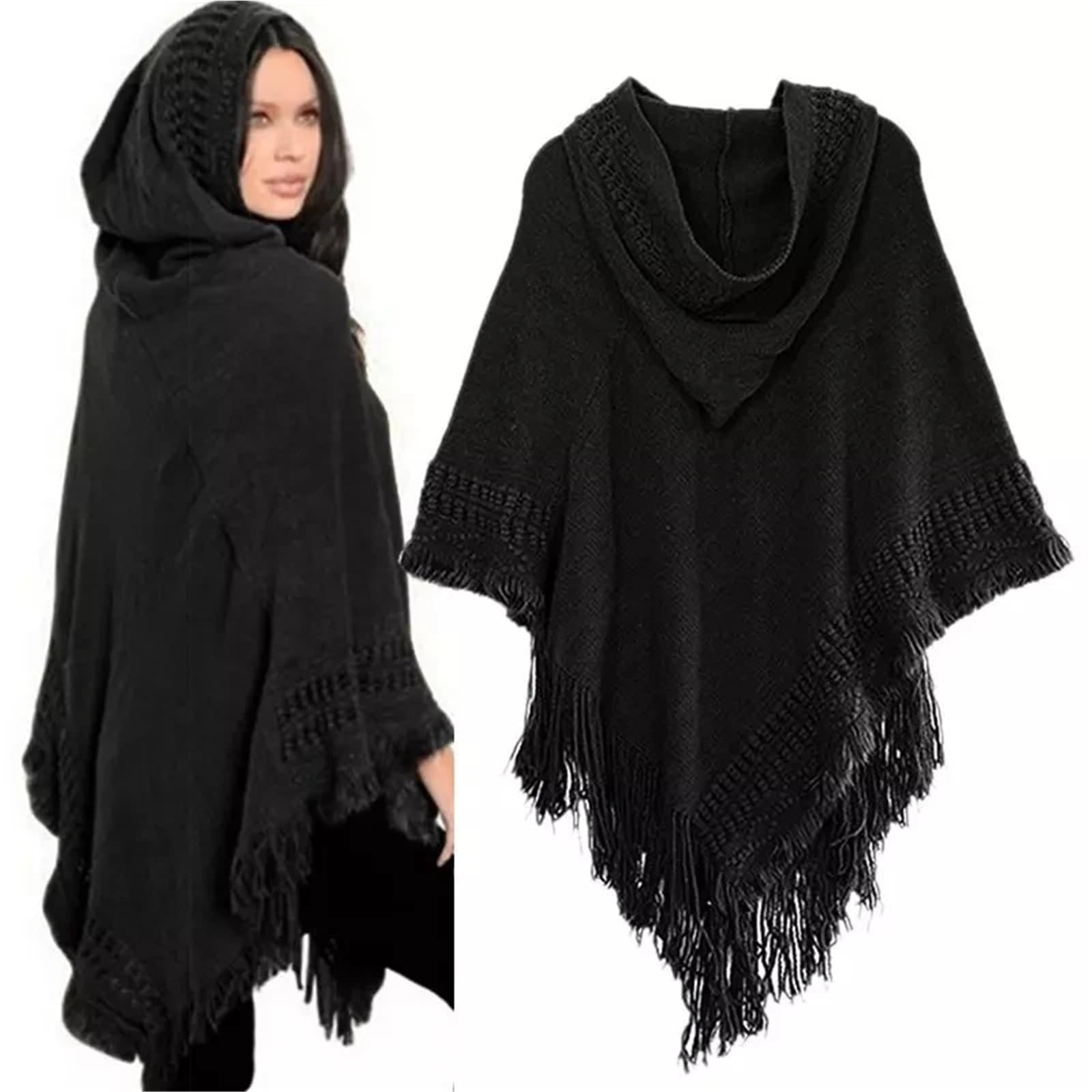 Donna Signore Nappa Mantella Cappotto Frange Poncho Obliquo Striscia Scialle Sciarpa per Donna