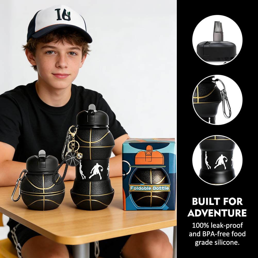 Bouteille d'eau de basket-ball avec porte-clés 550 ml - Bouteille de sport pliable - Noir
