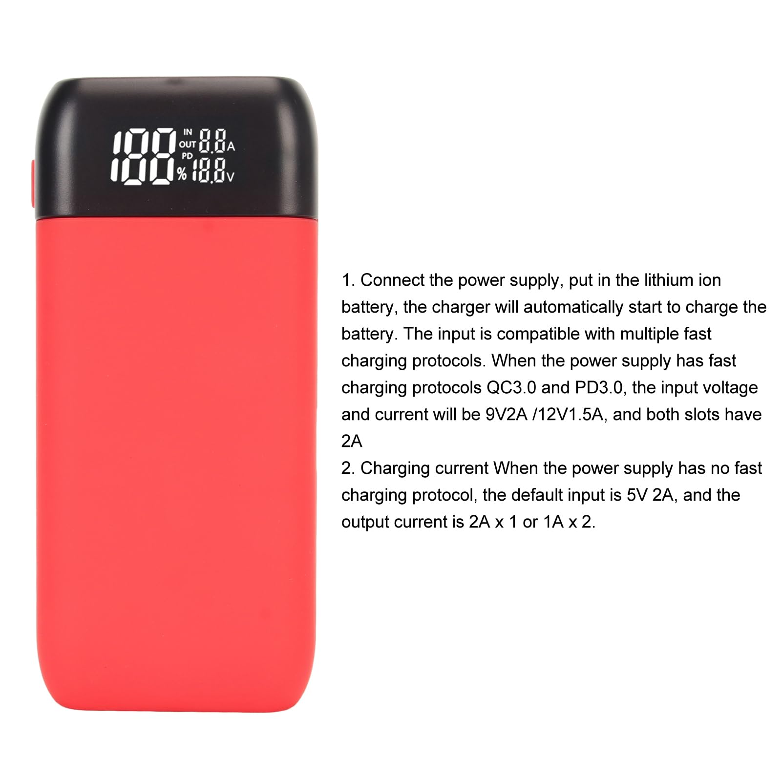 Chargeur Rapide Double Rôle PB2S Type-C, Chargeur de Batterie LCD Portable Universel pour Batterie Rechargeable Li-ION 3,6 V 3,7 V Compatible 18700 20700 Rouge
