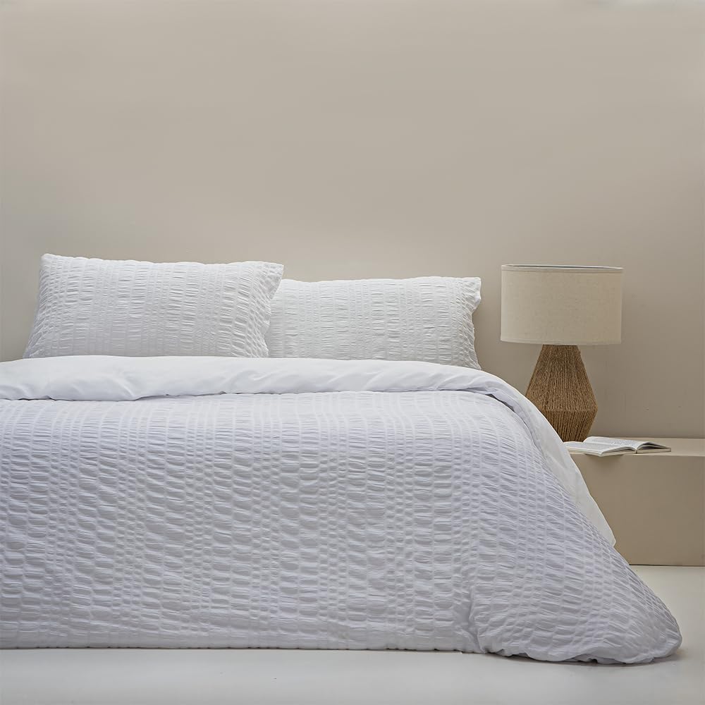 COTTON ARTean Funda Nórdica Cama 150 Seersucker Blanco Funda edredón 240 x 220 + 2 fundas almohada Tejido Bambula. Cierre con Cremallera