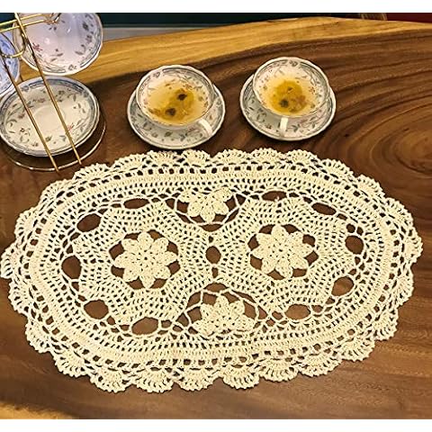 janef Beige Handmade Crochet Doilies Cotton Table Runner Lace Doilies Doily Oval Dresser Scarves for bedrooms,12 by 20 Inches Cover