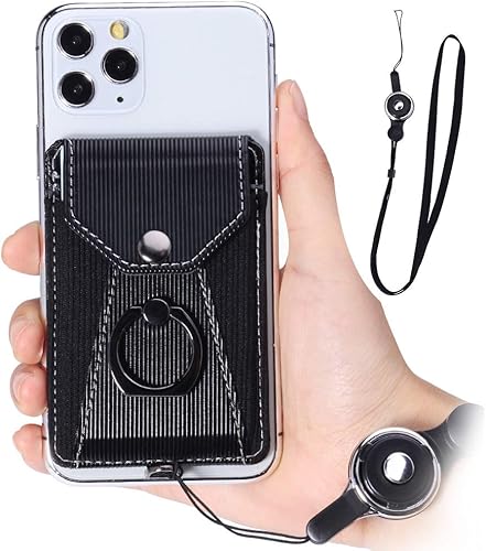 Tarjetero para teléfono celular, tarjetero para la parte posterior del teléfono celular con soporte de agarre de anillo, bolsillo adhesivo adhesivo