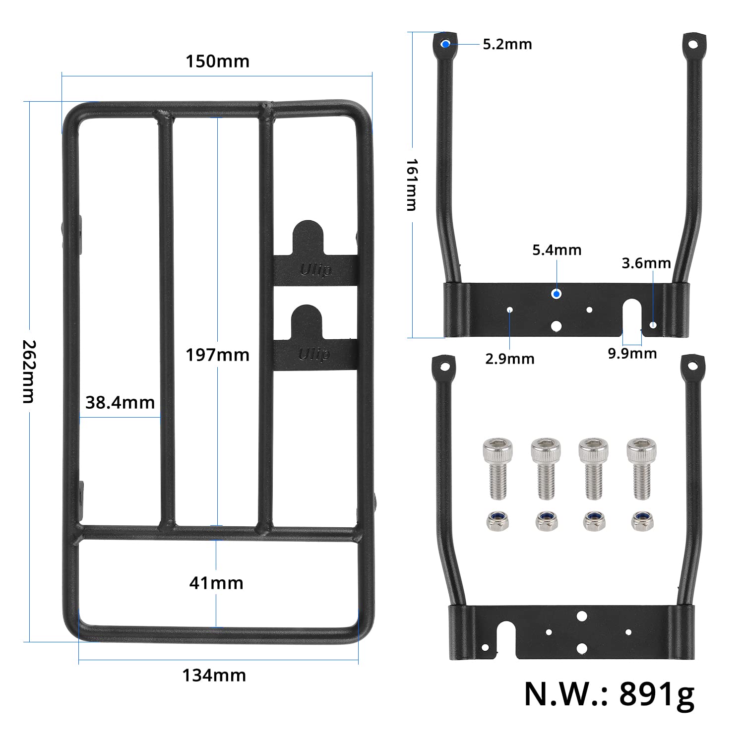 Estantería trasera de metal para Xiaomi M365 1S Pro 2 Mi 3 Scooter Patinete Cesta (Negro)