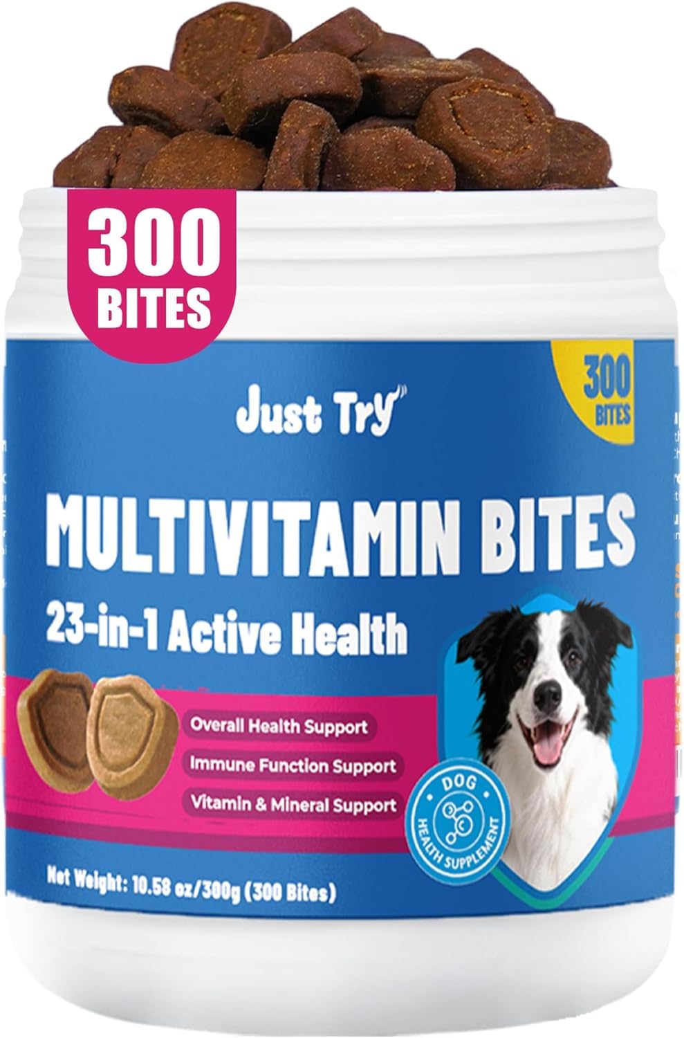 Just Try Taurine for Dog Bites 23-in-1 Multivitamin Chondroitin Sulfate for Joint Health, Omega-3 for Skin Support Dog Vitamins Supplements-10.58oz