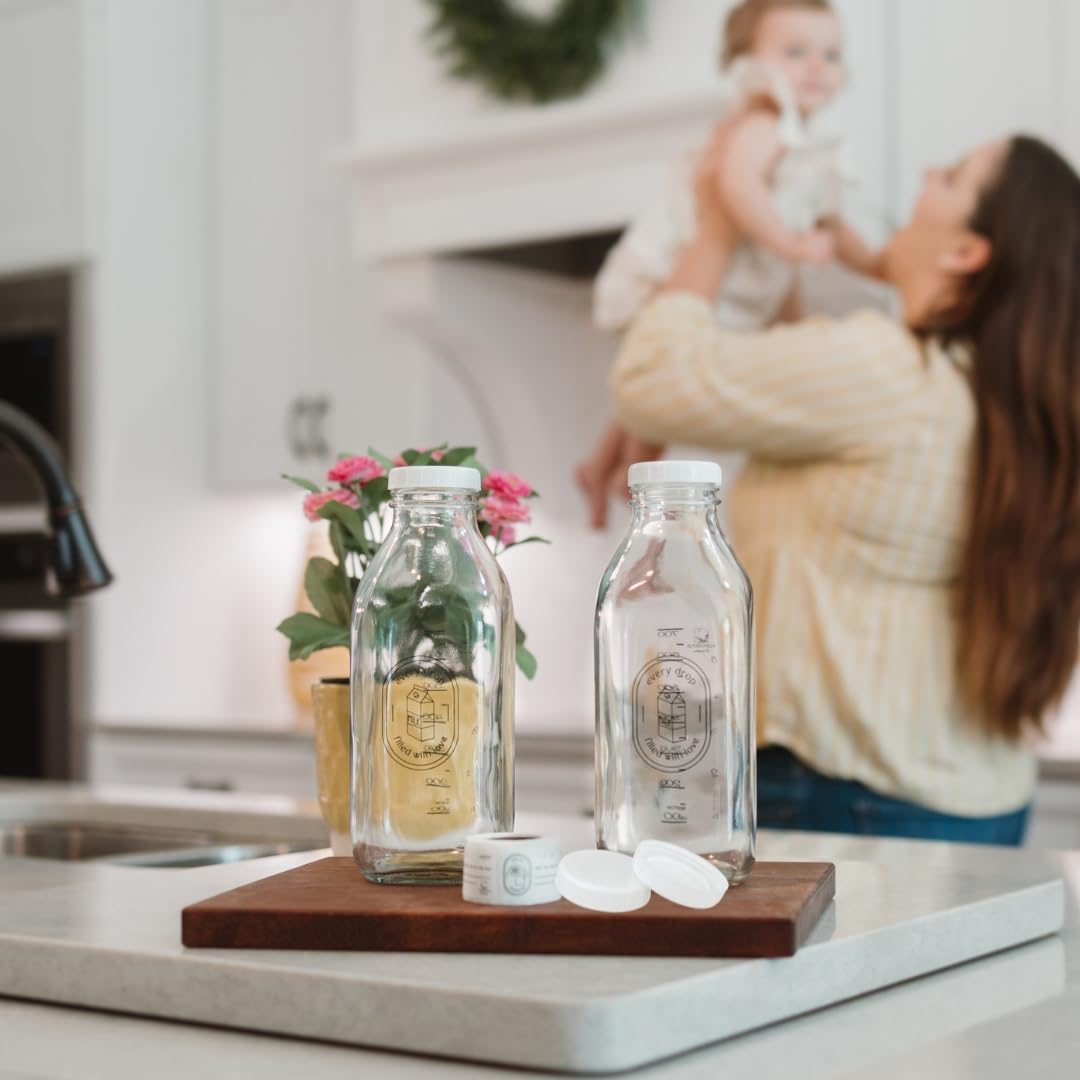 Breast Milk Pitcher Set - 2 Pack 32 oz Glass Pitcher for Breastmilk Storage Containers for Fridge w/labels and extra lids - Dishwasher Safe Formula Glass Bottle