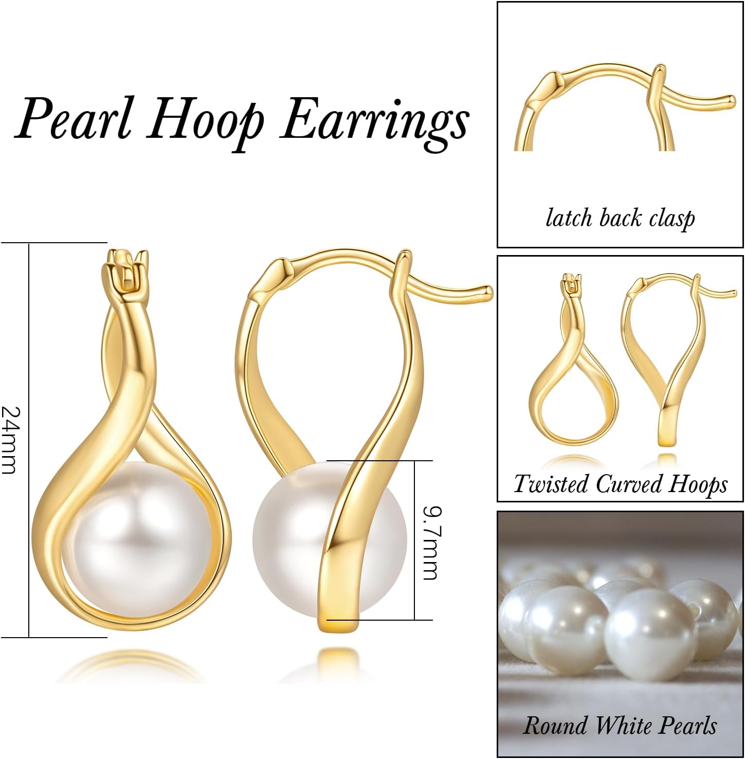 Pearl Earrings for Women Gold Hoop Earrings Solitaire 14K Gold Earrings for Women Teardrop-Shaped with Twisted Lines Eye-catching Pearl Drop Dangle Hoop Earring for Womens - Image 2