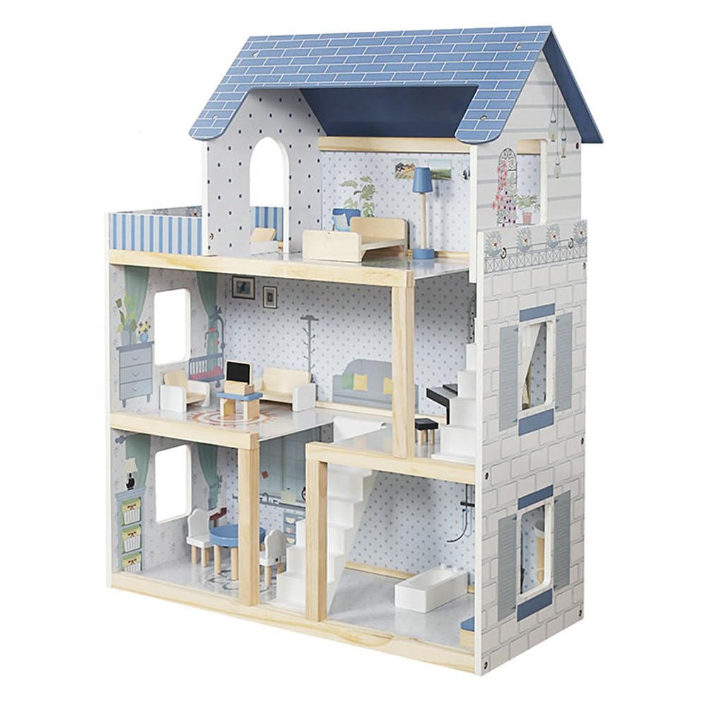 Maison de poupée en bois avec meubles - Maison de poupée en bois - Beige et bleu