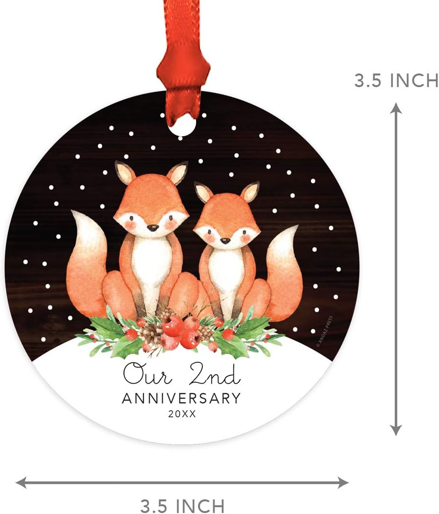 Andaz Press Custom Year Metal Christmas Ornament, Our 2nd Anniversary 2024, Watercolor Fox in Snow, 1-Pack, Includes Ribbon and Gift Bag