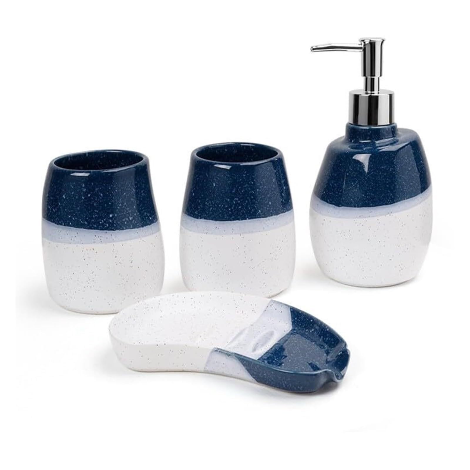 Décoration de Salle de Bain et Ensemble de Lavage Blanc et Bleu dégradé : 2 gobelets à gargarisme, 1 Porte-Savon, Distributeur Lotion Essentiels pour Chambre d'étudiant