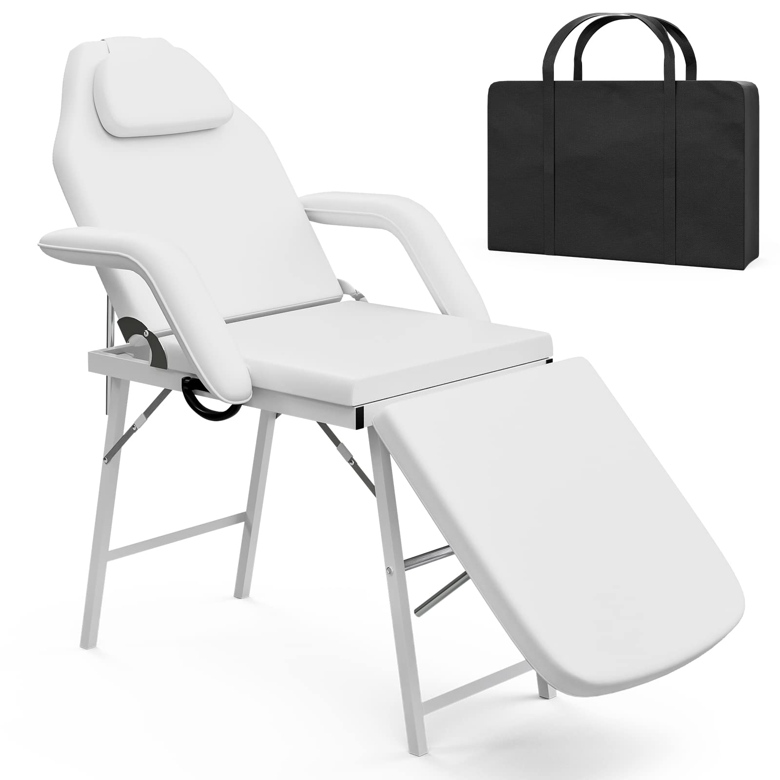 Portable Beauty Bed, Adjustable Massage Table with Storage Bag, Folding Salon Tattoo Chair for Facial, Spa, Lash, White