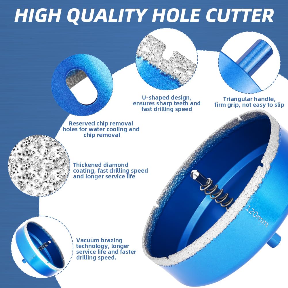 Flintronic 120mm Diamond Hole Saw with Pilot Center Drill Bit, Diamond Core Hole Cutter, Suitable for Glass Tile, Porcelain - Image 3