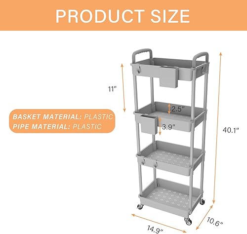 Miniatura 2 de REBECAT - Carrito utilitario rodante de 4 niveles con asa, hecho de herramienta organizadora de almacenamiento multifuncional para cocina, baño,