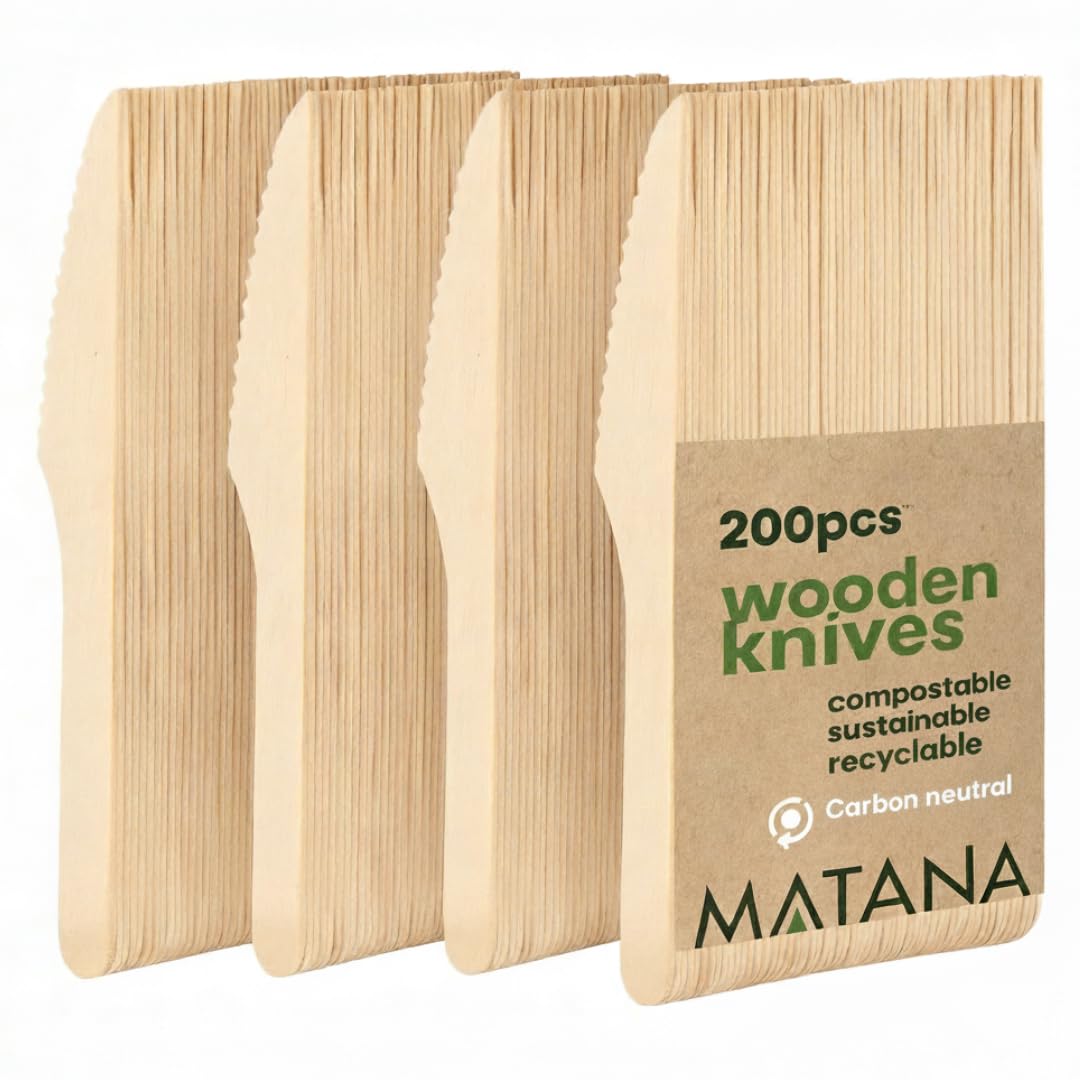 Matana Knives 200 Premium Wooden 16Cm – Serrated Wood Knife Cutlery For Bbqs, Picnics, Weddings, Parties & Catering - Biodegradable Compostable - Plastic-Free Alternative