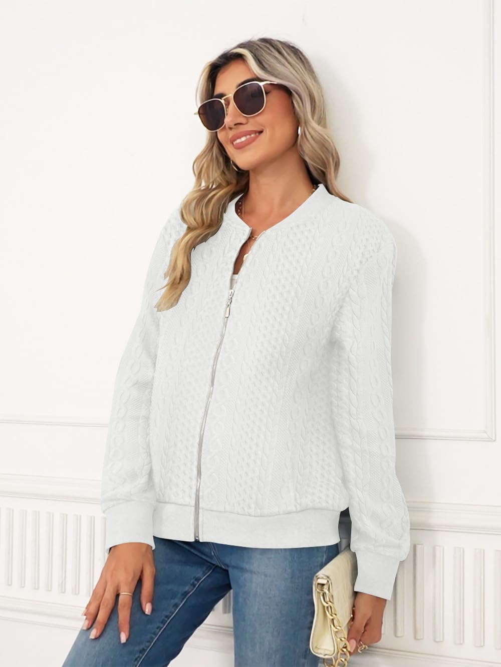 Women's Zip up Sweatshirt Jacket Stand Collar Hoodless Outerwear Casual Coat with Pockets - Image 3