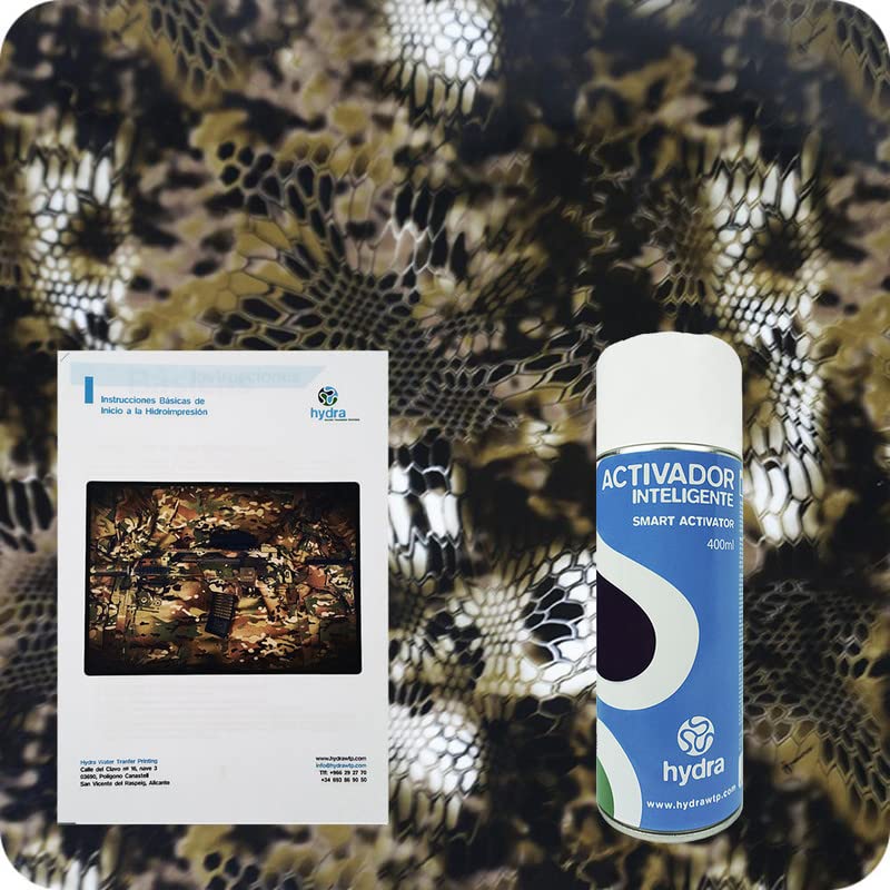BASIC Kit Hidroimpresion Incluye: 1 Activador hidroimpresión 400 ml + 1 Manual de instrucciones + 1 Lámina para hidroimpresión camuflaje Medidas: Ancho: 50cm. Largo: 100cm (HCA-127)
