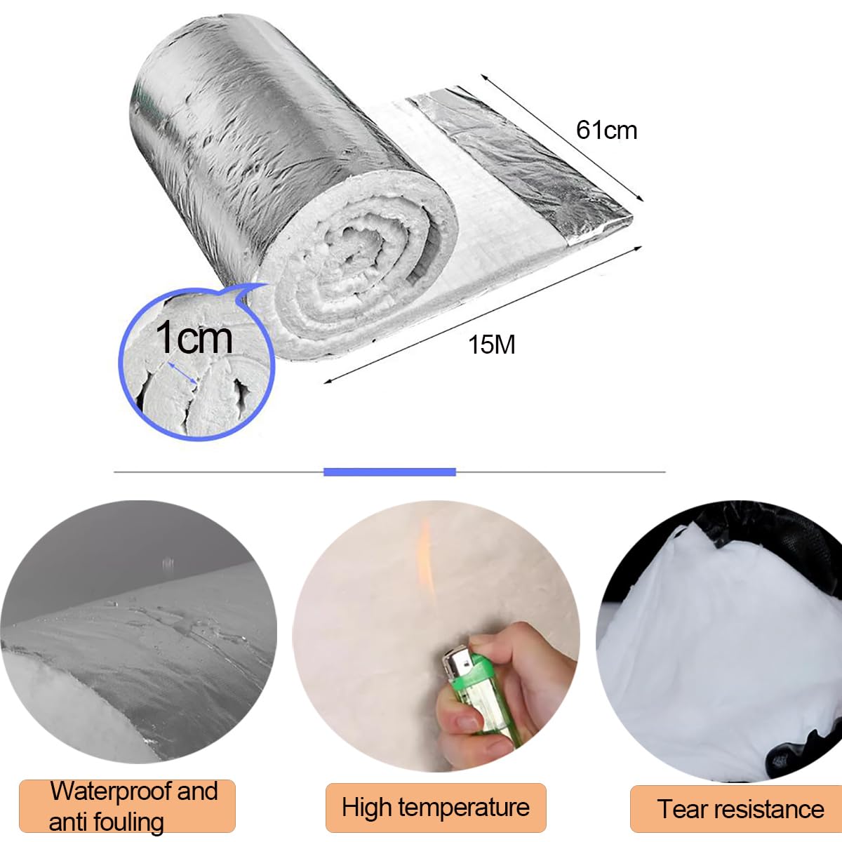 Keramikfaserdecke feuerfeste Isolierung Aluminiumsilikat Keramikfaser feuerfeste Aluminiumfolie Isoliermatte für Pizzaöfen Grill 10mm(Size:61cm*15m)
