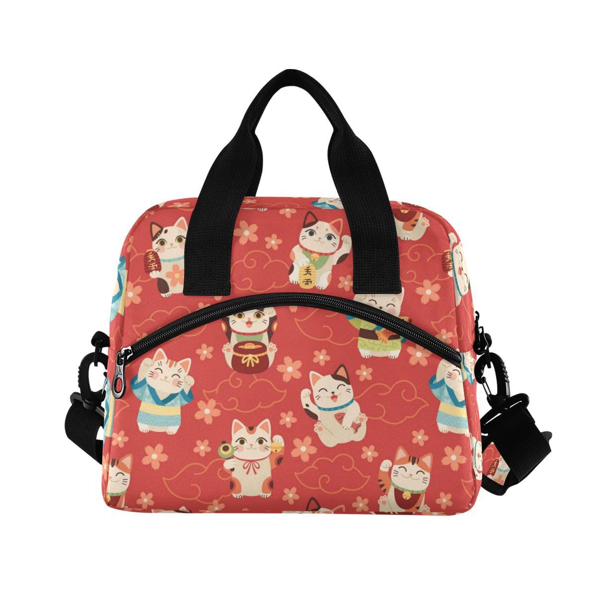 ALAZA Lunch Bag for Adults Women Girls Boys, Cute Cat and Sakura Insulated Lunch Box with Shoulder Straps and Handle, Crossbody Tote Lunch Bag for School Office — image 1
