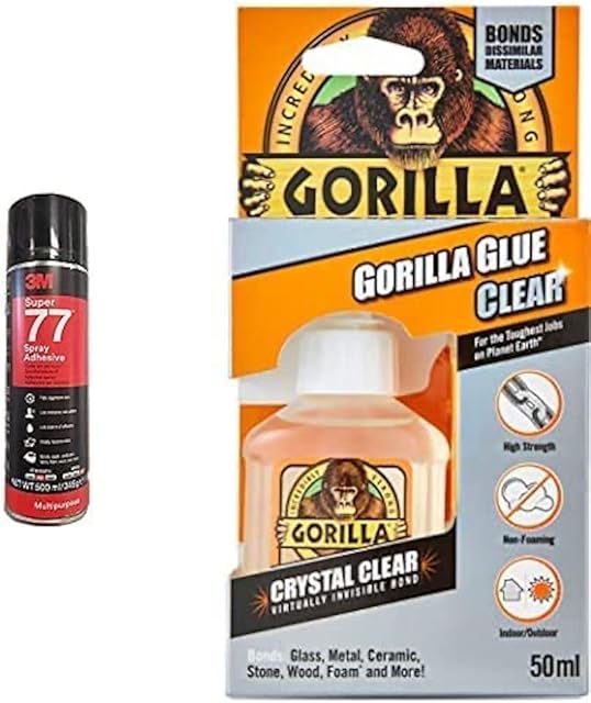 3M 7000116782 Super 77 Multi-Purpose Spray Adhesive  Quick-drying permanent spray glue for paper, fabric, plastic, metal, wood and more, 1x500 ml Bundle with Gorilla 1244002 Glue Crystal Clear 50ml