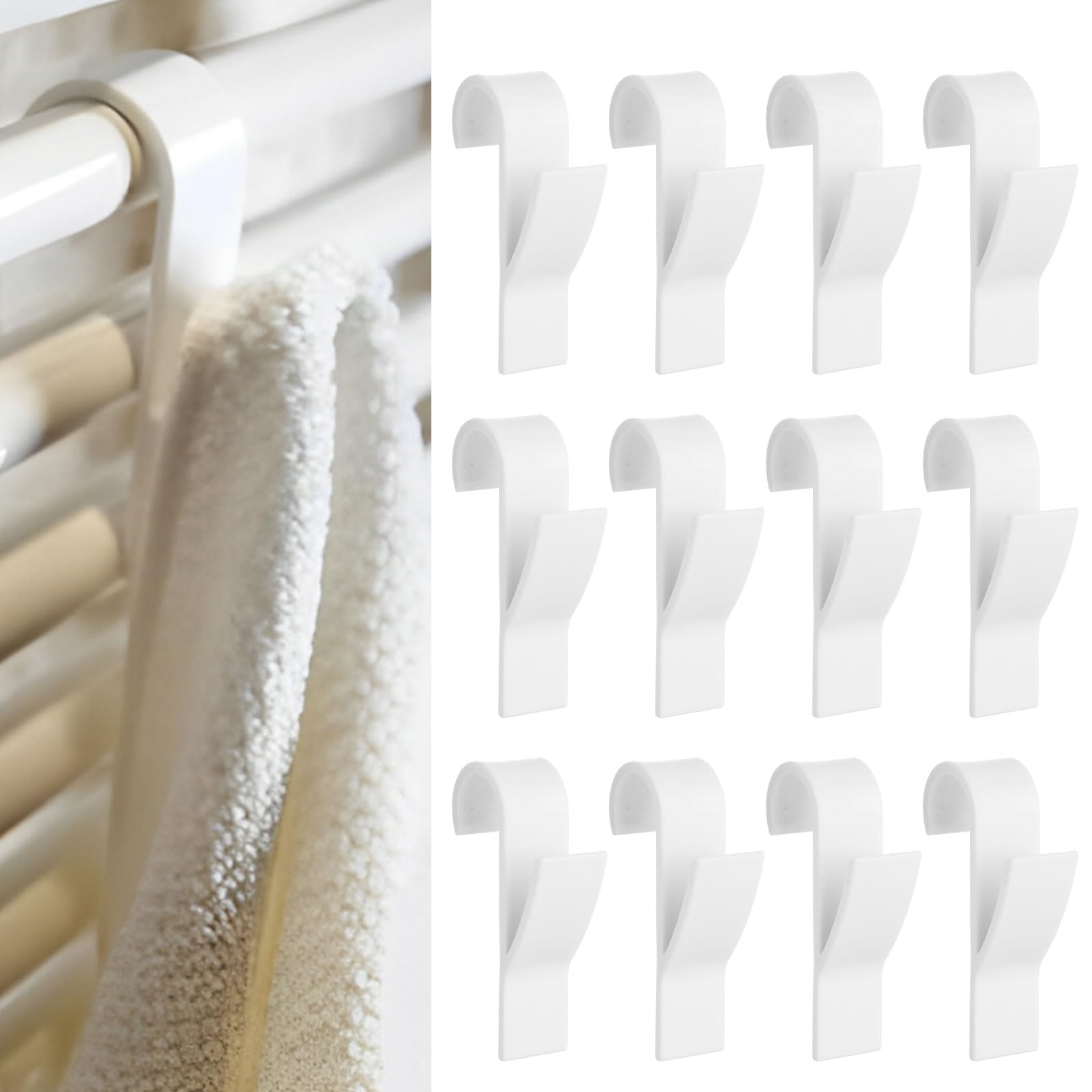 ASelected 12 PCS Radiator Hooks, 9.6x2.5cm Plastic Towel Hanger Hook, No Drilling Household Radiators Body Hanger Hooks for Hanging Towels
