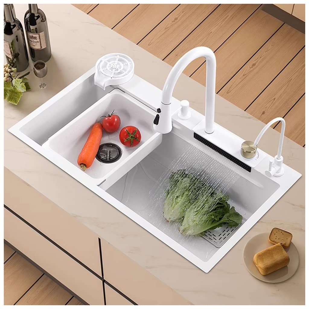 WIQUYBML Stainless Steel Single-Bowl Waterfall Sink White Bar Prep Multifunctiona Farmhouse Pull-Down Faucet And Complete Accessory Set (Color : White, Size 75x45x22cm)