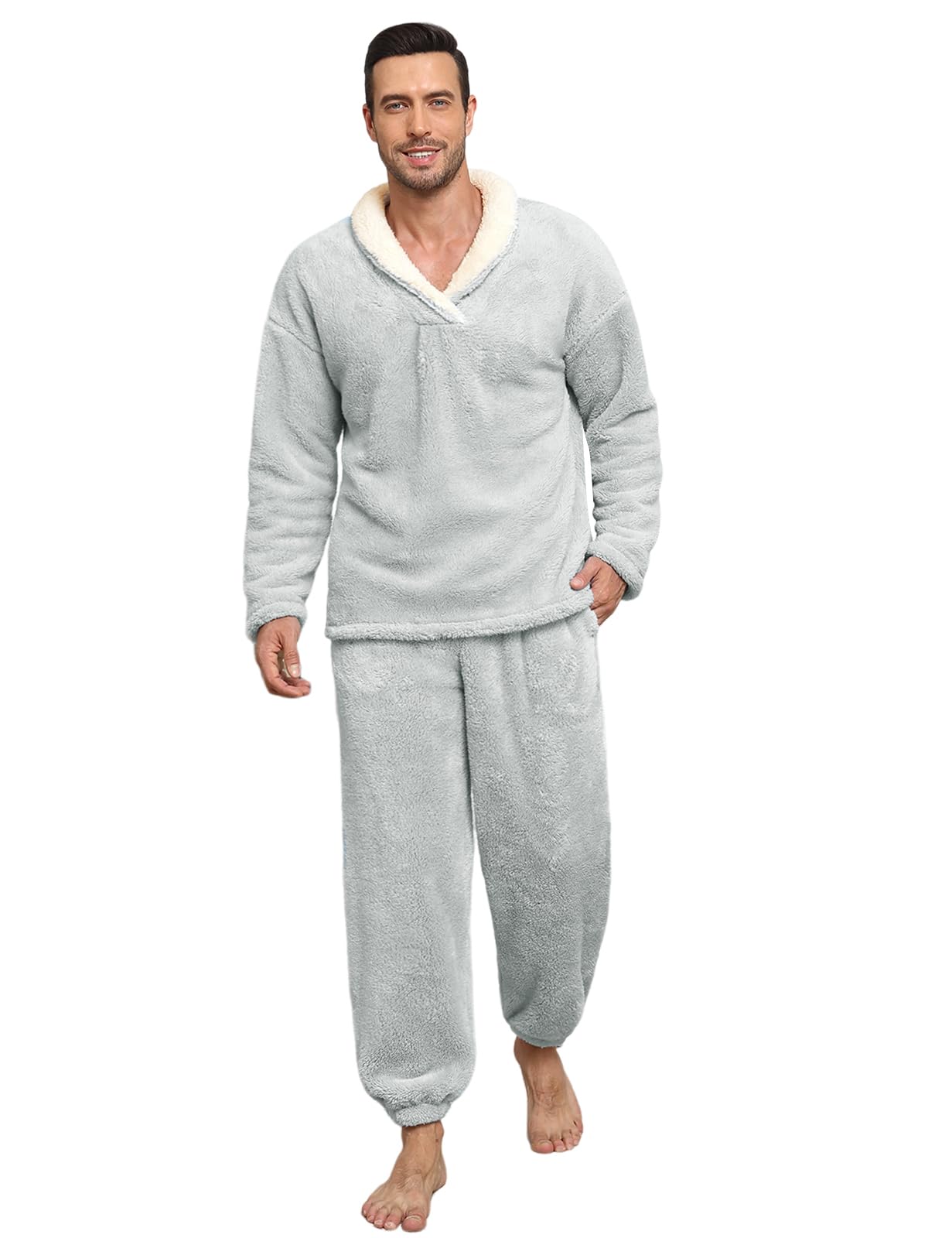 Mens Pajamas Set Long Sleeve Soft Fleece Fluffy Sleepwear Winter Warm Pjs Lounge Sets Flannel Sleepwear with Pockets-image-16