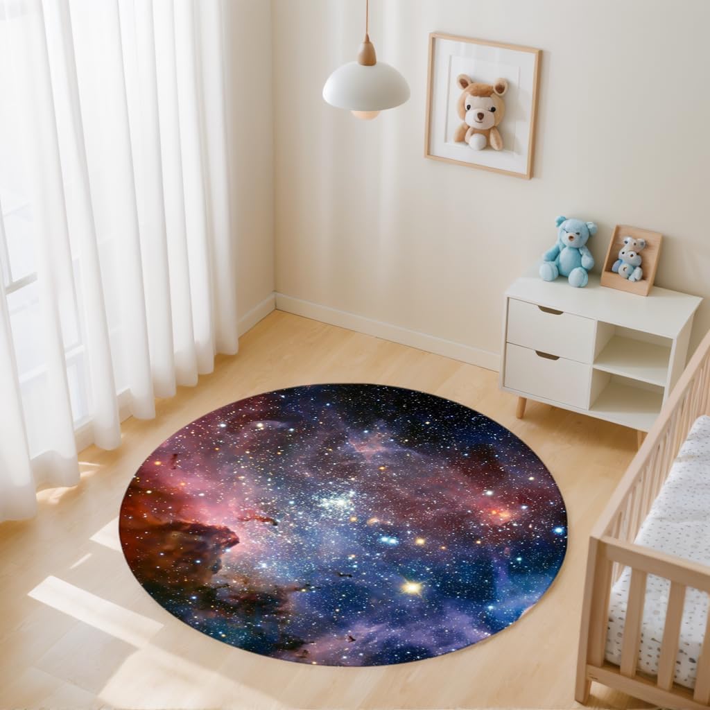 Round Rug 4ft, Outer Space Galaxy Nebula Stars Universe Starry Non Slip Washable Circle Rug for Bedroom Living Room Study Playroom Home Office Dorm, 4 Feet,Colorful