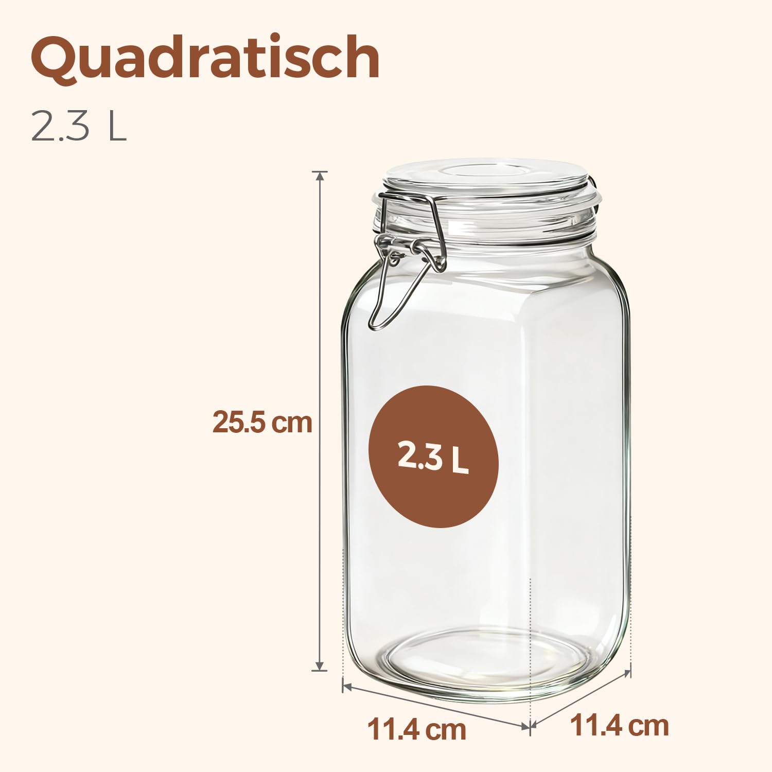 ComSaf 2,3L Luftdichtes Vorratsglas Eckig mit Drahtbügelverschluss 3er-Set, Vorratsgläser mit Deckel, Einmachgläser mit Bügelverschluss, Bügelverschluss für Lebensmittel Konservierung, Drahtbügelglas