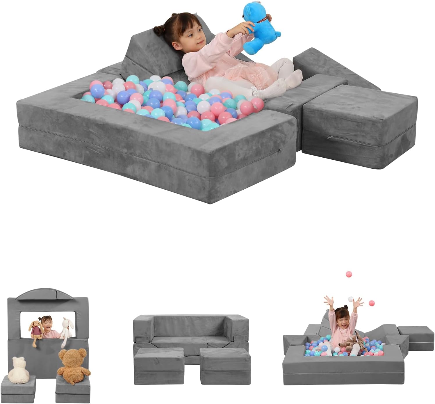 Play Couch Sofa for Kids Tunnel Fold Out Convertible Lounger Sofa Foam Playset for Creative Child Girls and Boys Playroom (Gray)
