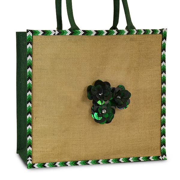 Bolso tote de yute Expo International Dakota de dos tonos con refuerzo lateral, esencial para verano | Verde miniatura 2