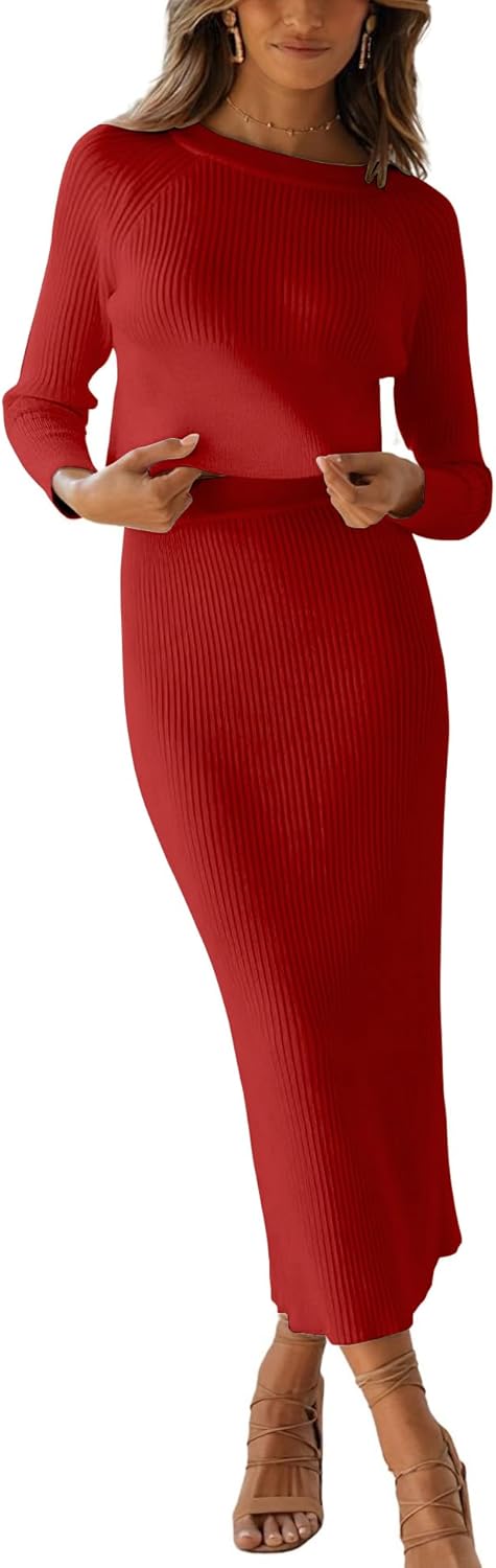 chouyatou Women's Ribbed Sweater Sets Crop Top and Maxi Bodycon Skirt Sets 2 Piece Outfits