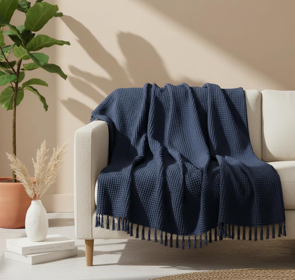 Image of 100% Cotton Waffle Weave Sofa Throw Blanket 50x60 Inches or 125x150 cms Lightweight, Soft & Breathable Couch, Bed or Chair Throw Blanket for Living or Bedroom, Navy Blue