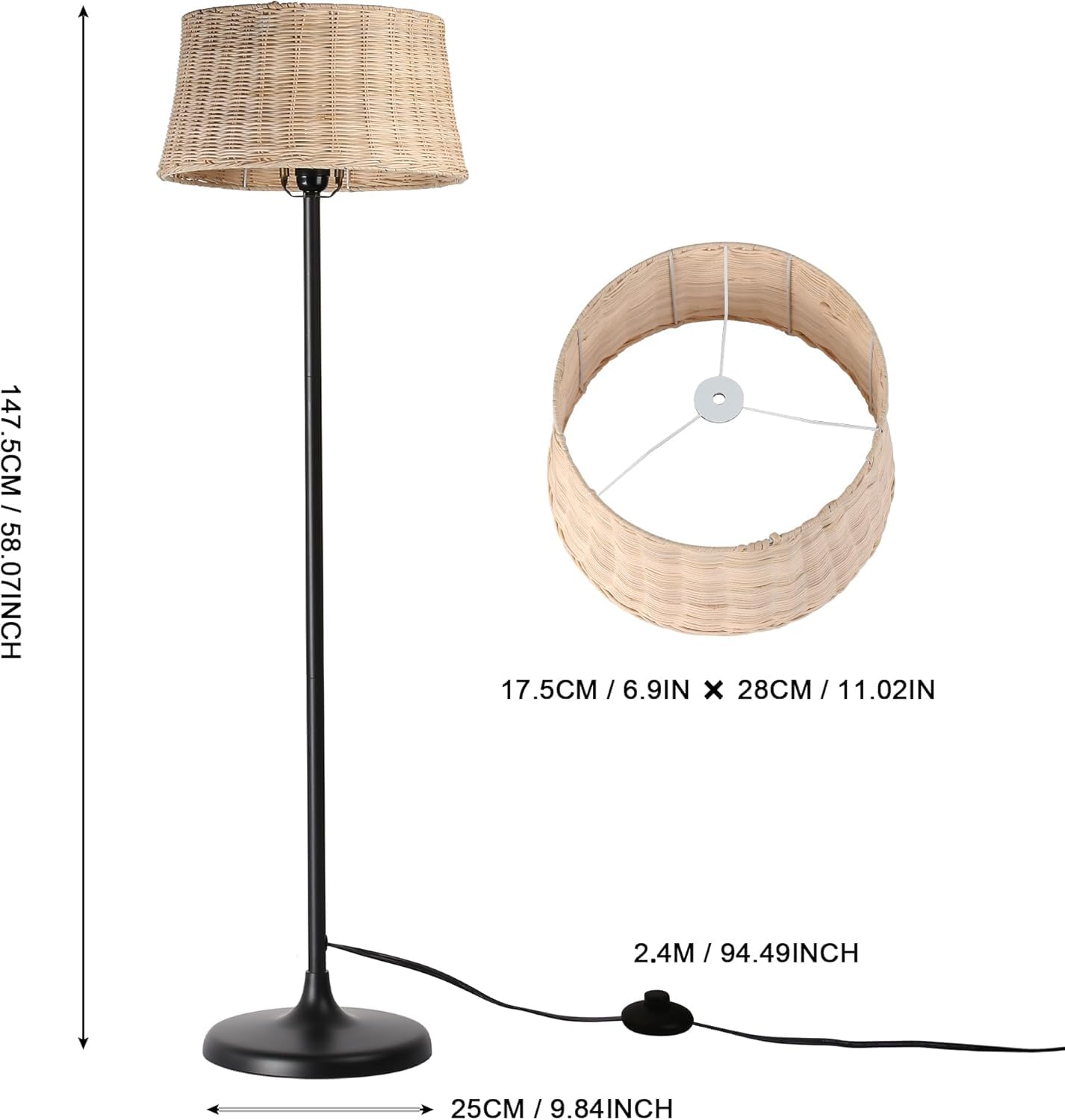 Alpinaluz Lampa Podłogowa E27 Klosz Bambus Wiklina Czarna Podstawa 147 cm | Ręcznie pleciony klosz Ø28 cm i czarna metalowa podstawa, styl nordycki boho do salonu, sypialni, sofy i czytania